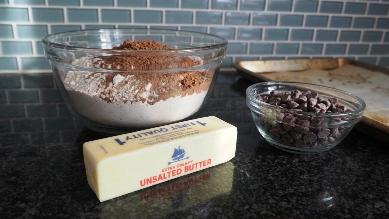 A bowl with flour and cocoa powder next to cold butter and a small bowl of chocolate chips on a kitchen counter