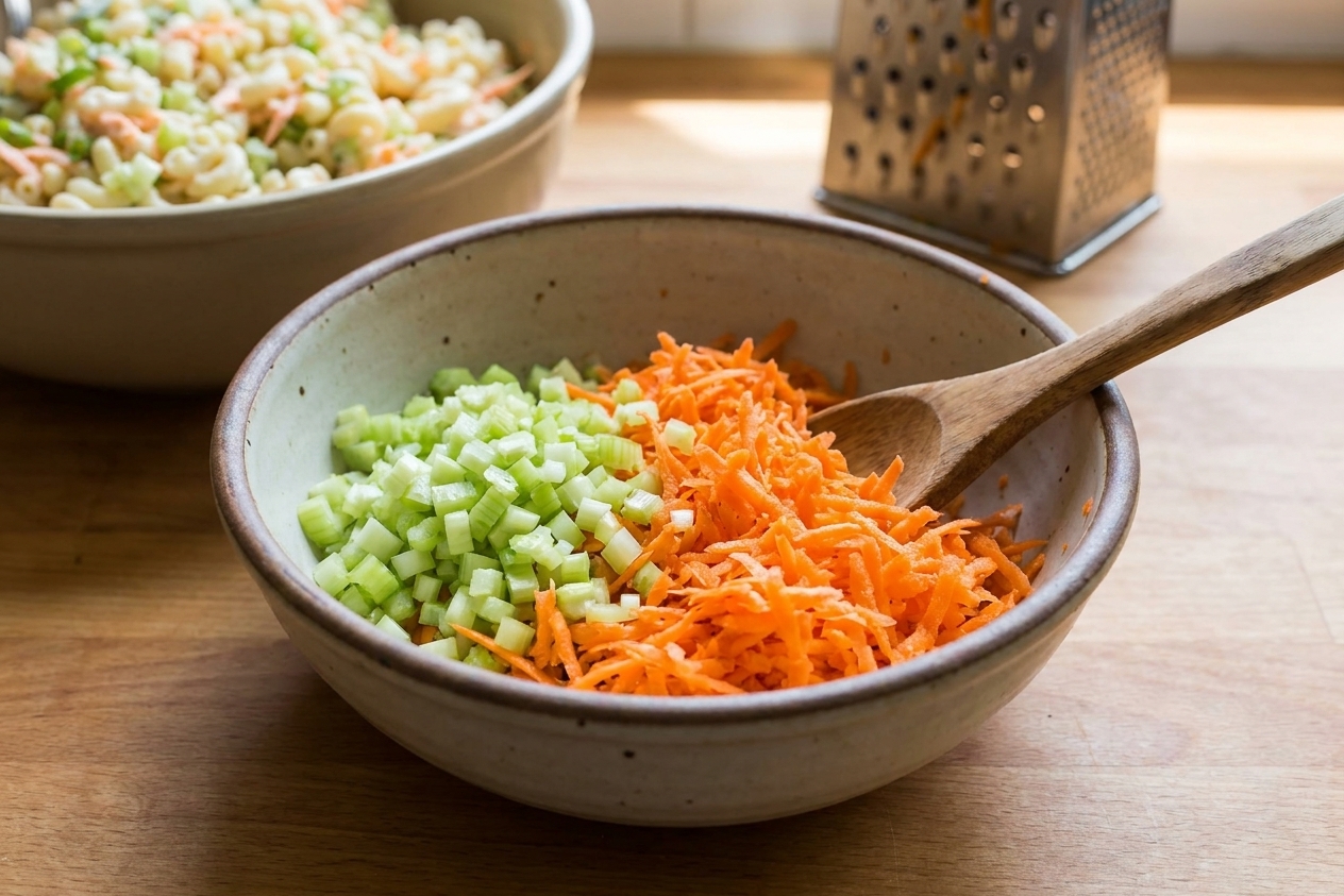 A bowl with freshly grated carrot and diced celery, ready to be added to macaroni salad
