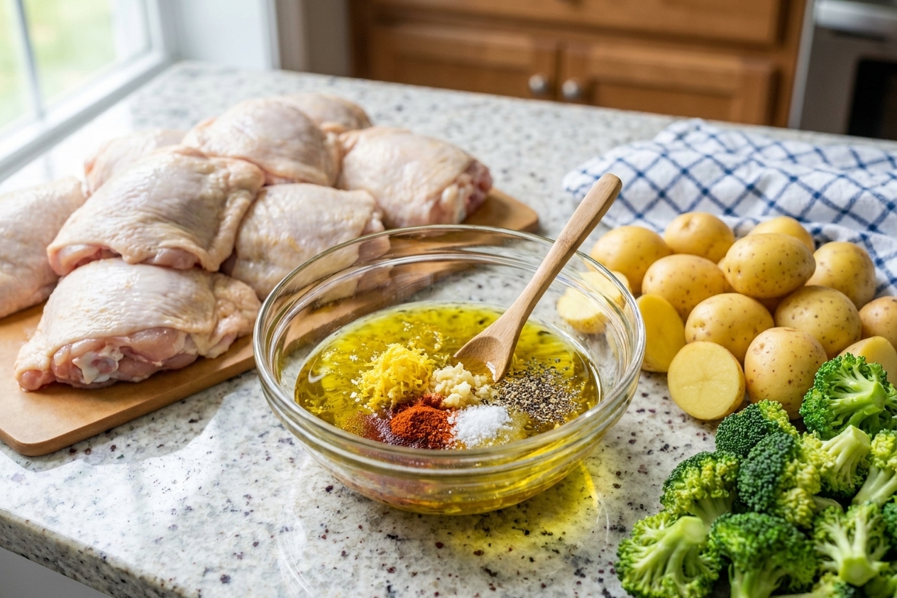 A bowl with lemon zest, minced garlic, olive oil, paprika, salt, and pepper next to raw chicken thighs, potatoes, and broccoli on a kitchen counter