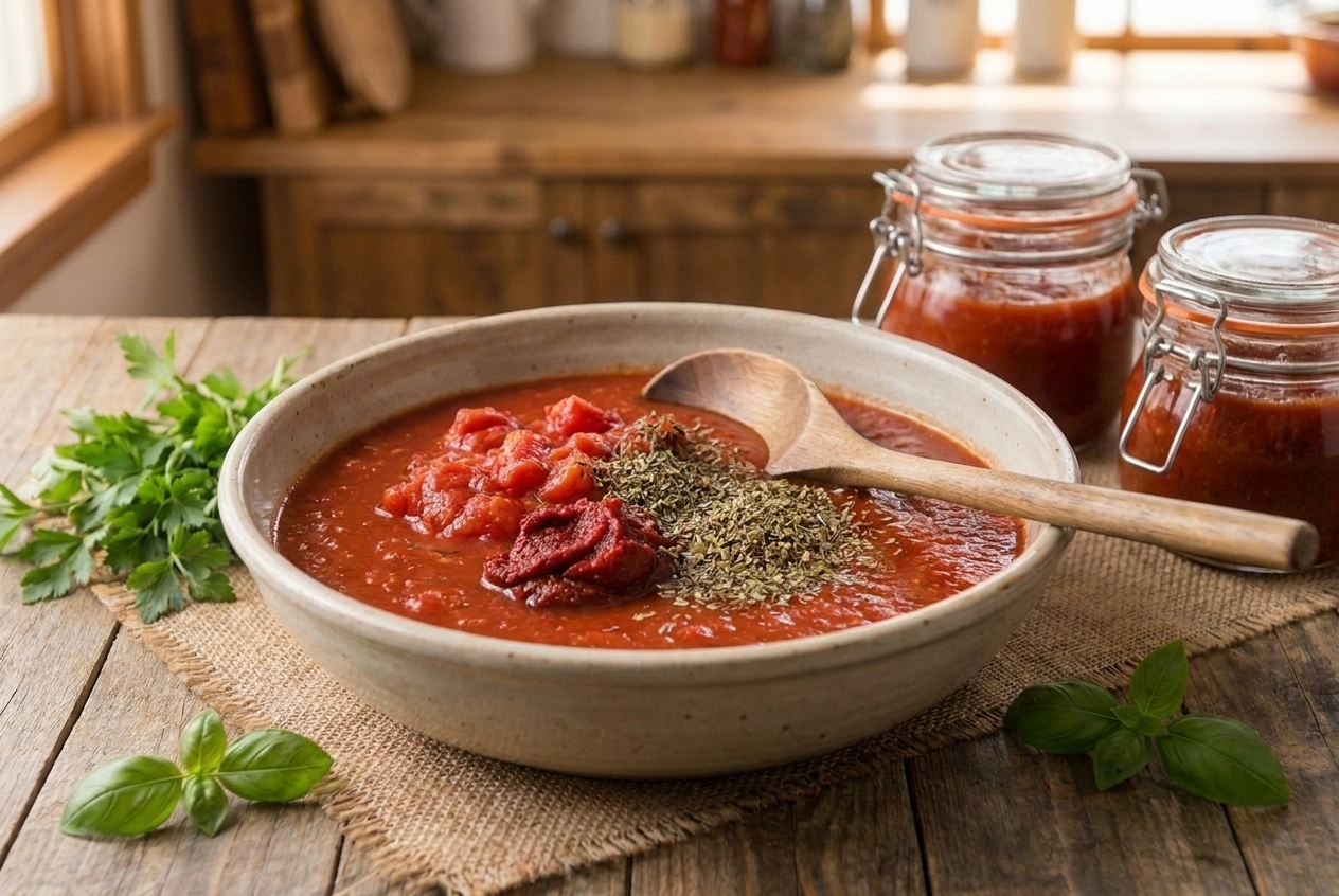 A bowl with marinara sauce, crushed tomatoes, tomato paste, and dried herbs on a kitchen counter, ready to be stirred