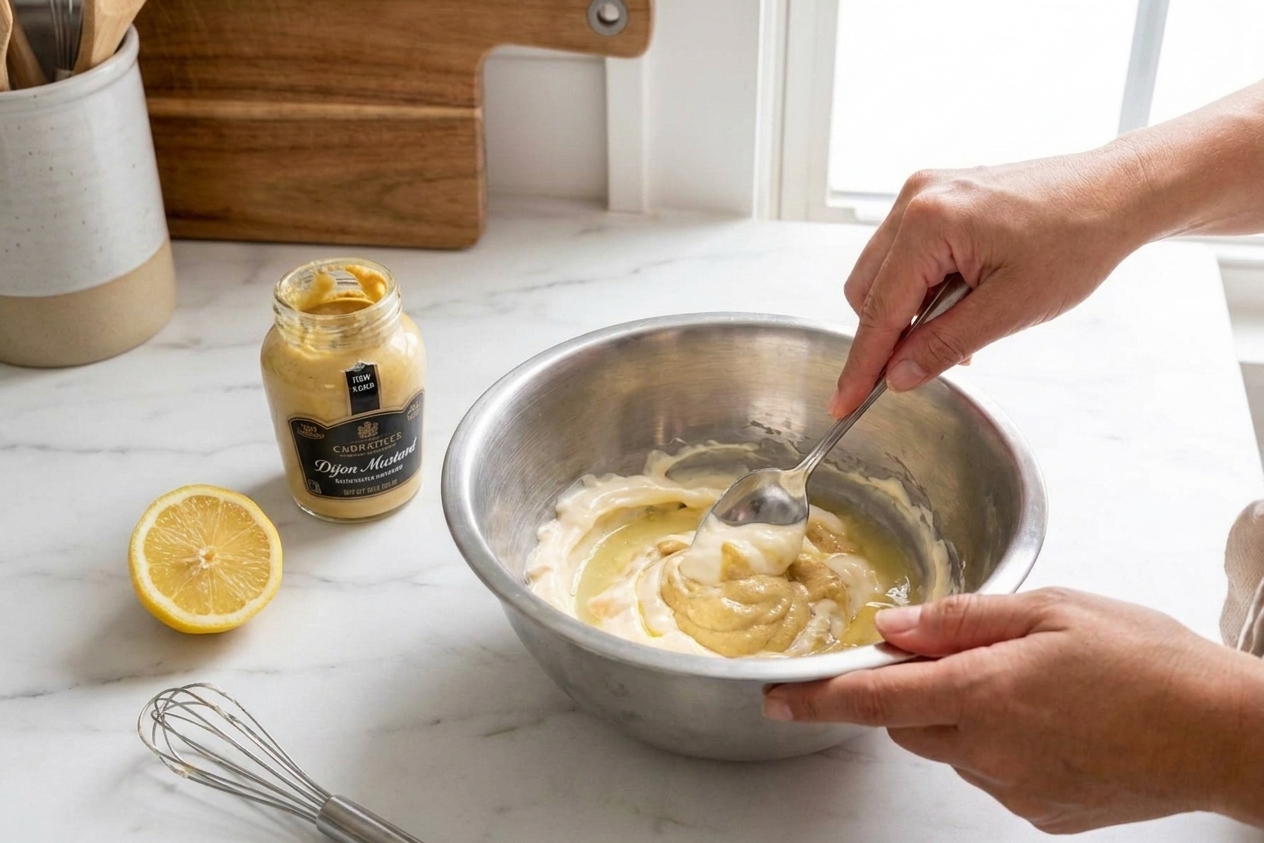 A bowl with mayonnaise, Dijon mustard, and lemon juice being stirred with a spoon on a kitchen counter