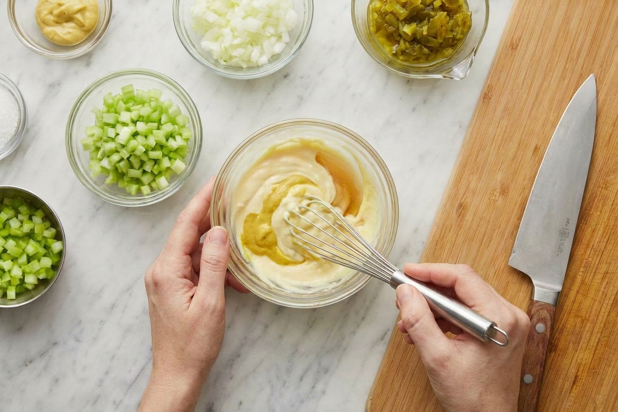 A bowl with mayonnaise and mustard being whisked into a creamy dressing on a kitchen counter