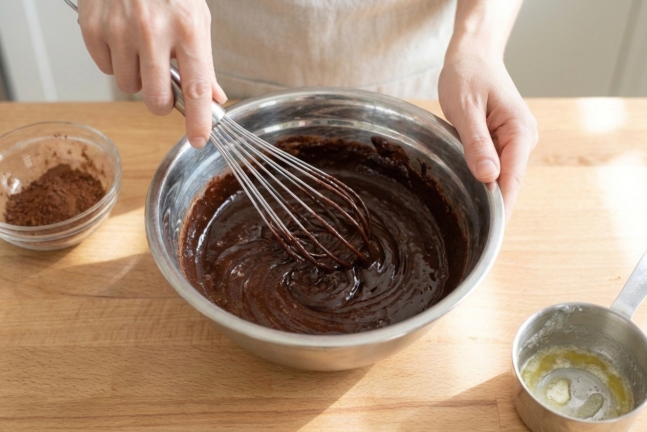 A bowl with melted butter and cocoa powder being whisked together until glossy on a light kitchen counter