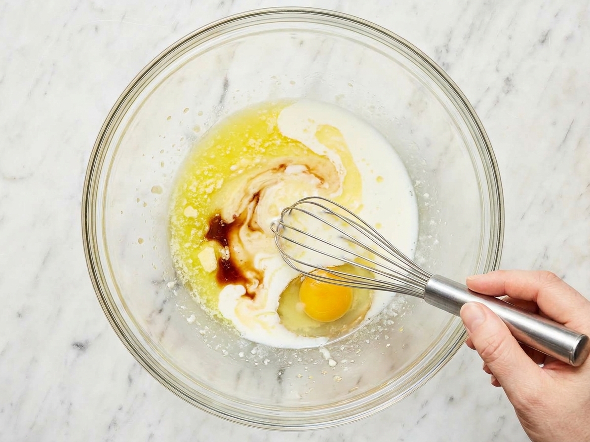 A bowl with melted butter, vanilla extract, milk, and eggs being whisked together on a kitchen counter