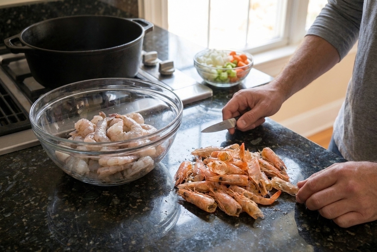 A bowl with peeled shrimp and a separate pile of shrimp shells on a kitchen counter, ready for making stock