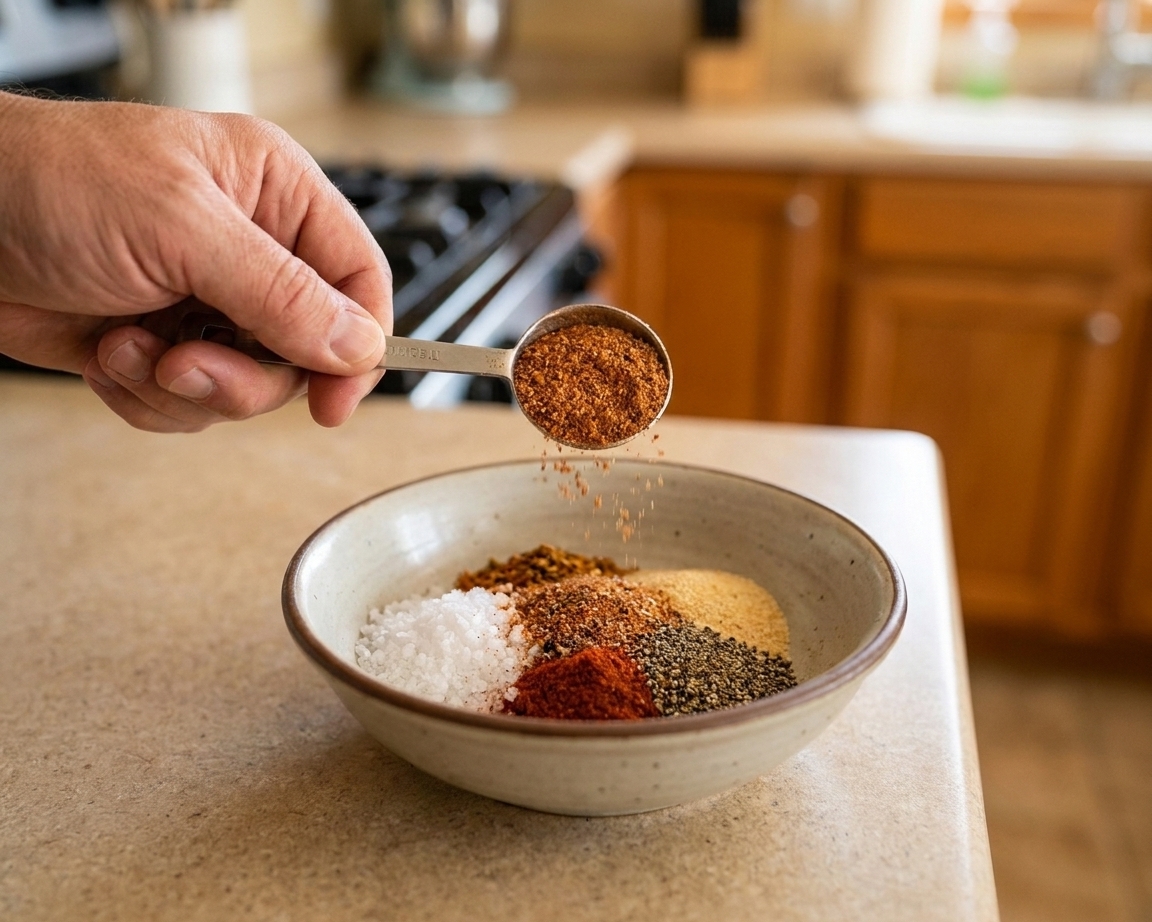 A bowl with salt and spices being combined, with a measuring spoon hovering over the bowl