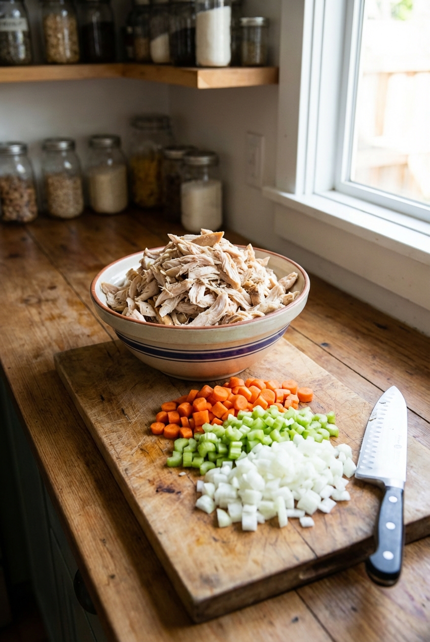 A bowl with shredded rotisserie chicken next to chopped carrots, celery, and onions on a kitchen counter