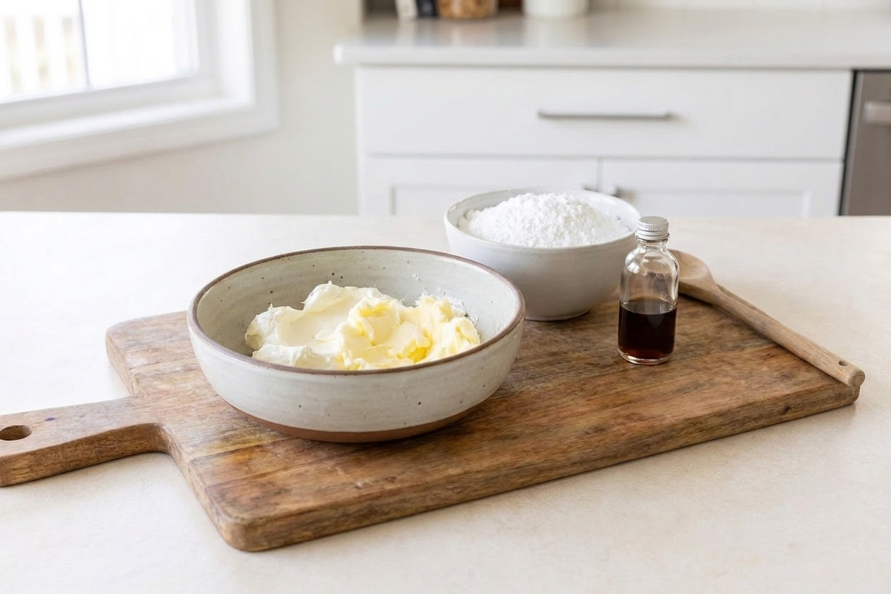 A bowl with softened cream cheese and butter on a kitchen counter next to a bowl of powdered sugar and a bottle of vanilla extract