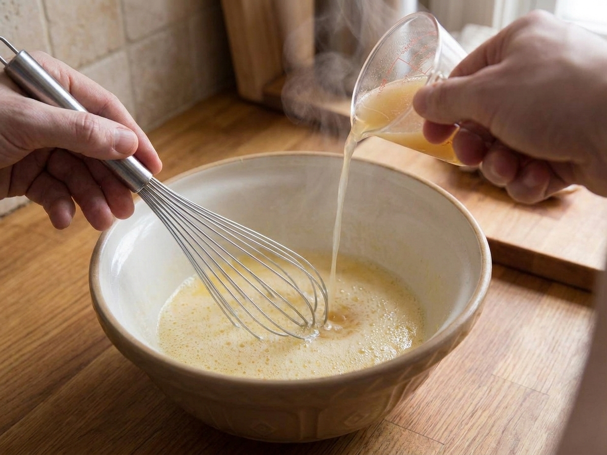 A bowl with whisked egg and lemon being tempered with hot broth poured in slowly while whisking