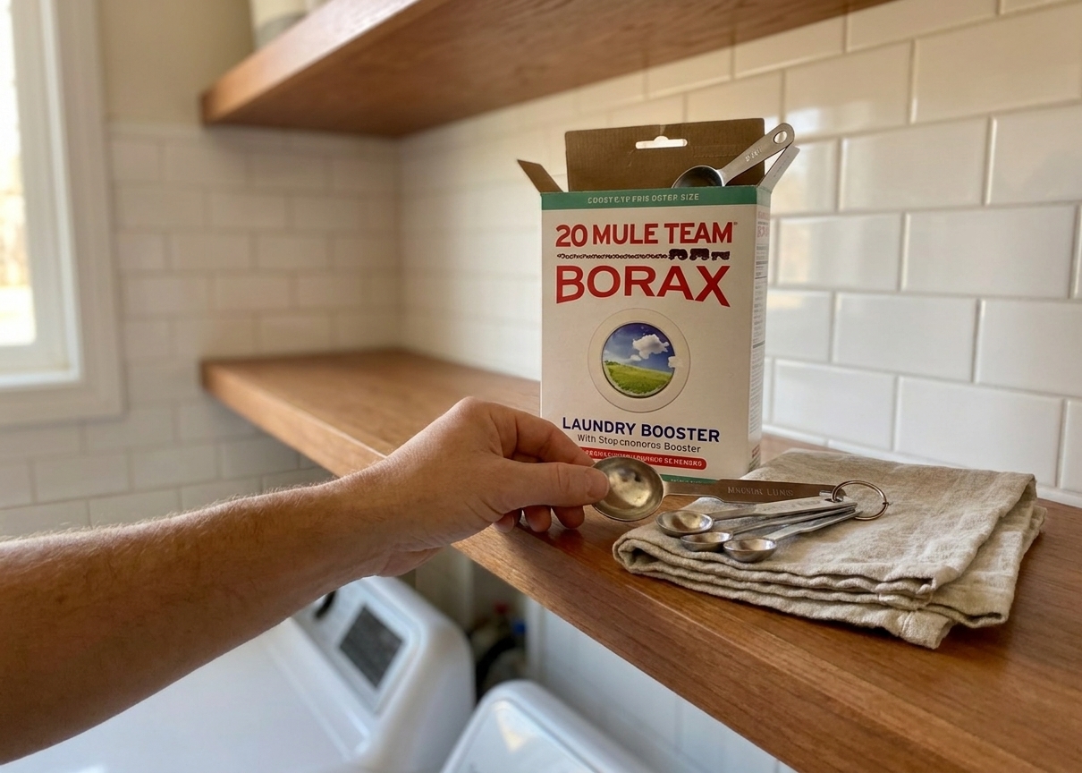 A box of borax laundry booster on a laundry room shelf next to measuring spoons.