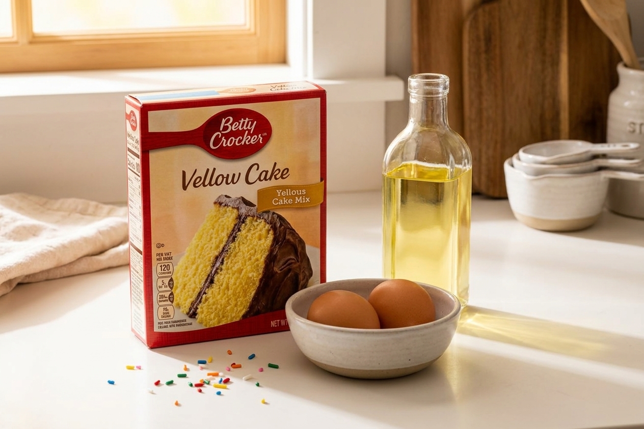 A box of cake mix, eggs, and oil arranged together on a clean kitchen counter with warm natural light