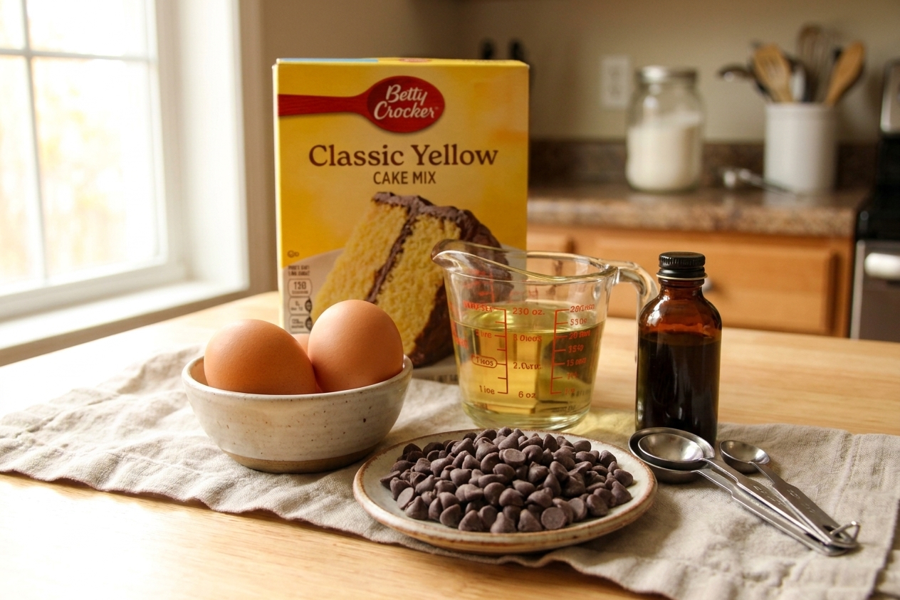 A box of cake mix, eggs, neutral oil, vanilla extract, and chocolate chips arranged on a light kitchen counter with measuring spoons