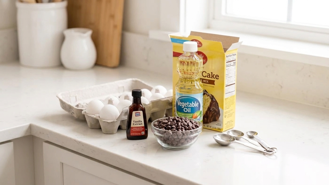 A box of cake mix, eggs, vegetable oil, vanilla extract, and chocolate chips arranged on a light kitchen counter with measuring spoons nearby