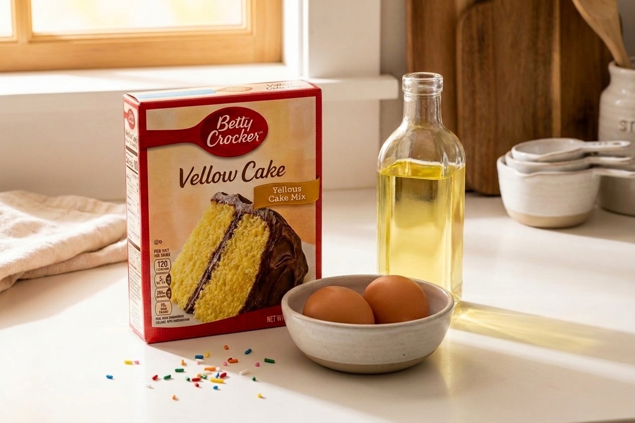 A box of cake mix, two eggs, and a small bowl of vegetable oil arranged on a clean kitchen counter with warm natural light