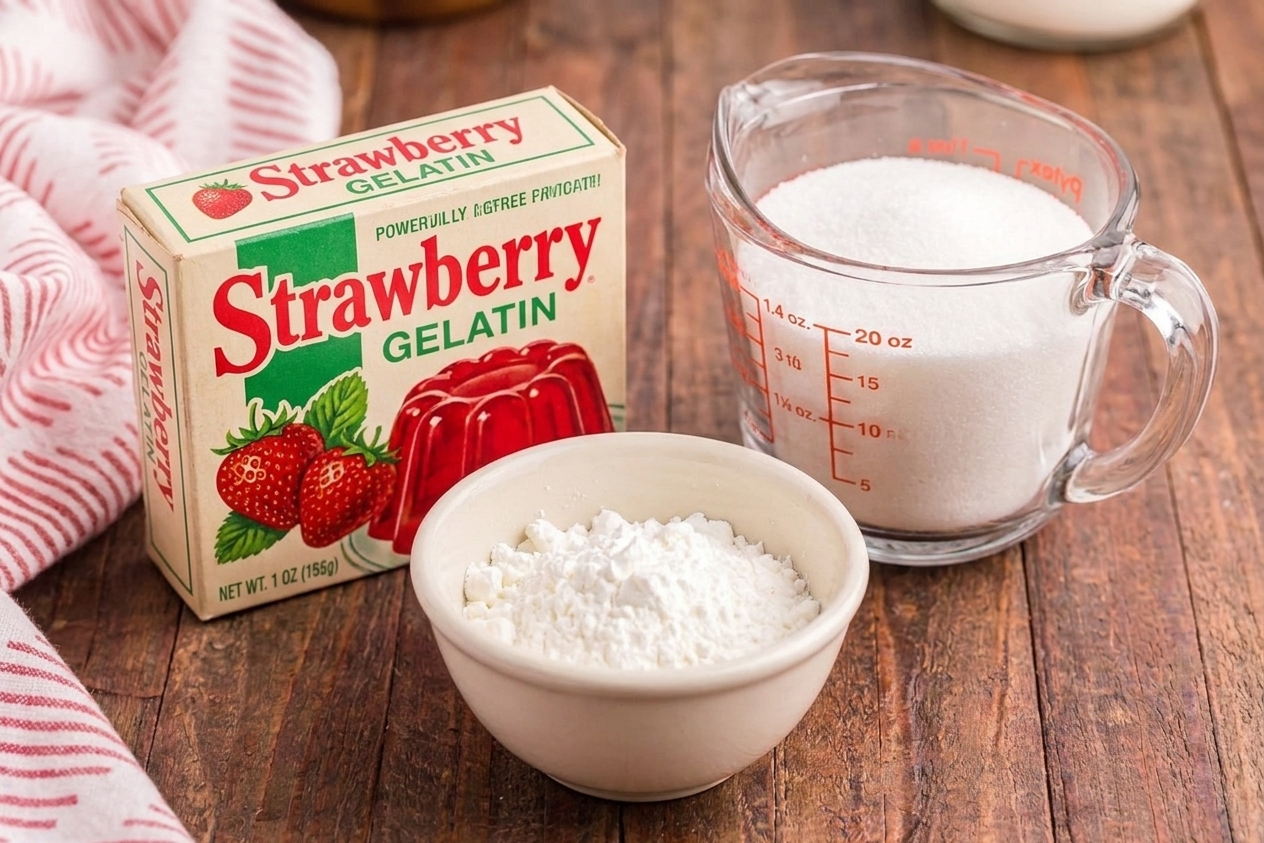 A box of strawberry gelatin next to a small bowl of cornstarch and a cup of sugar on a kitchen counter