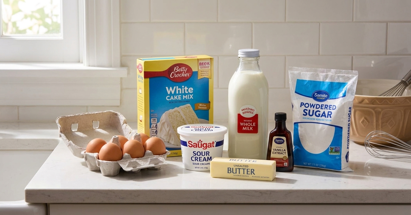 A box of white cake mix, eggs, sour cream, butter, milk, vanilla extract, and powdered sugar arranged on a tidy kitchen counter