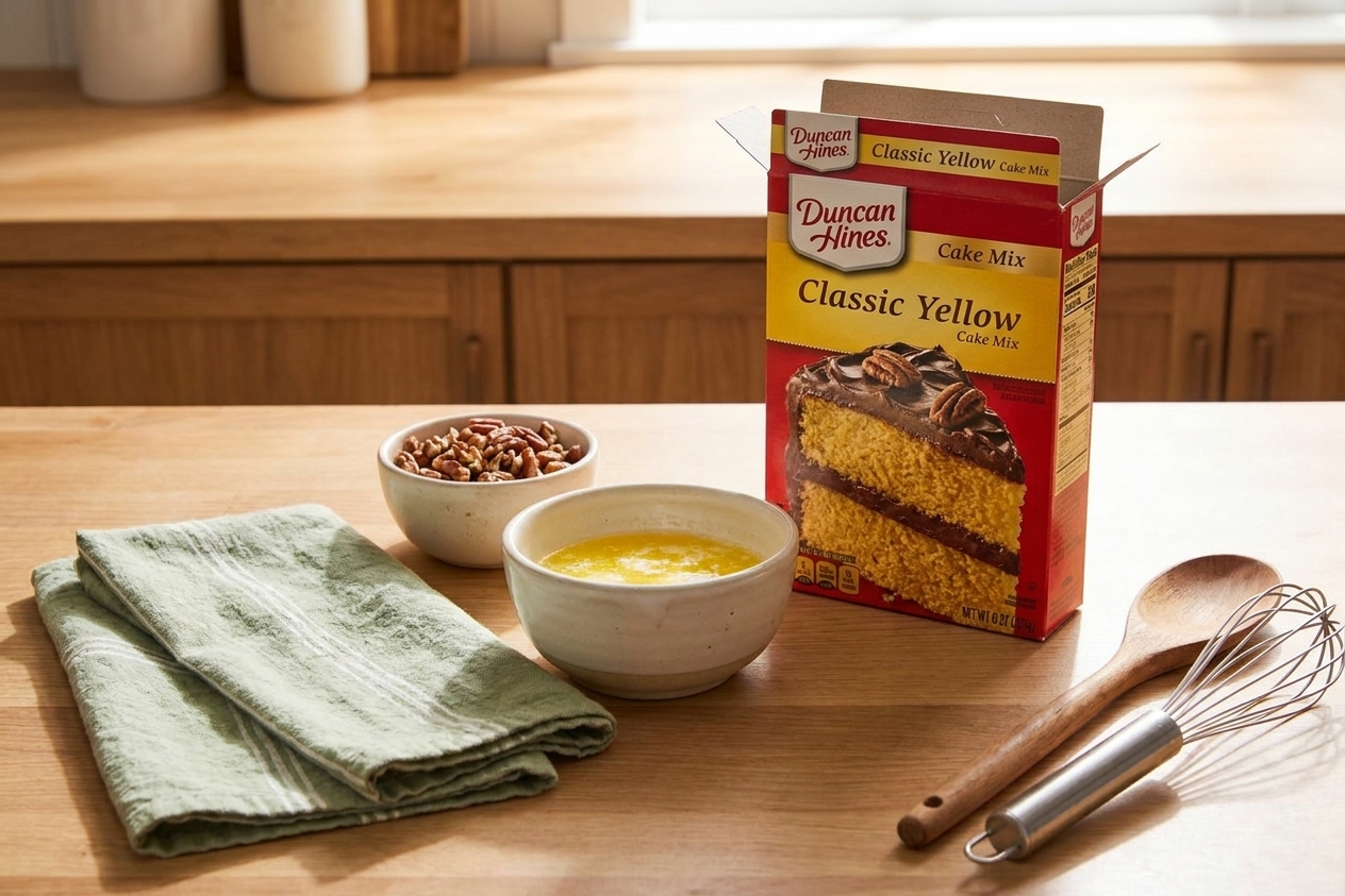 A box of yellow cake mix, a bowl of melted butter, and chopped pecans on a kitchen counter ready for topping a dessert