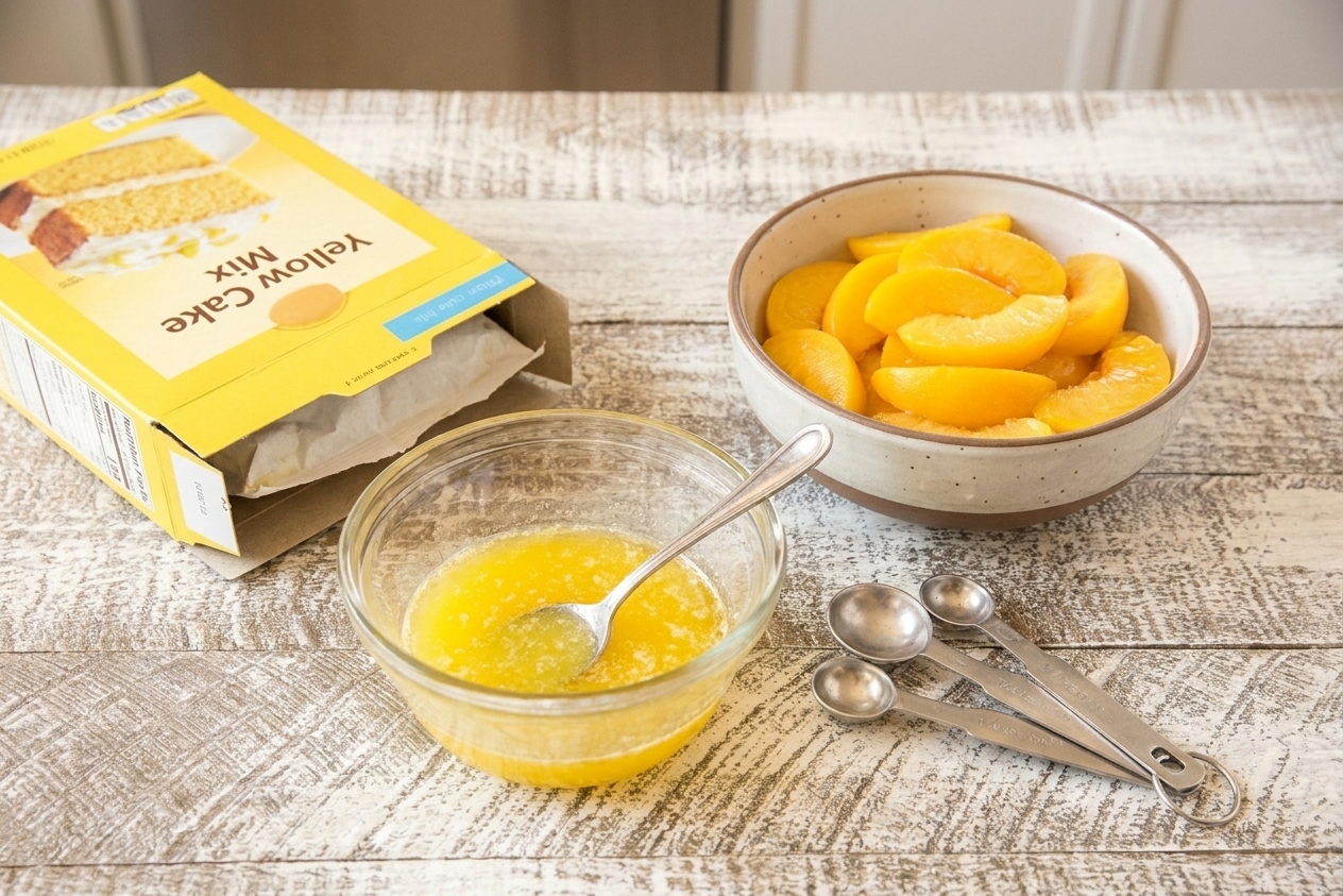 A box of yellow cake mix, a bowl of melted butter, and sliced peaches on a neutral countertop ready for baking