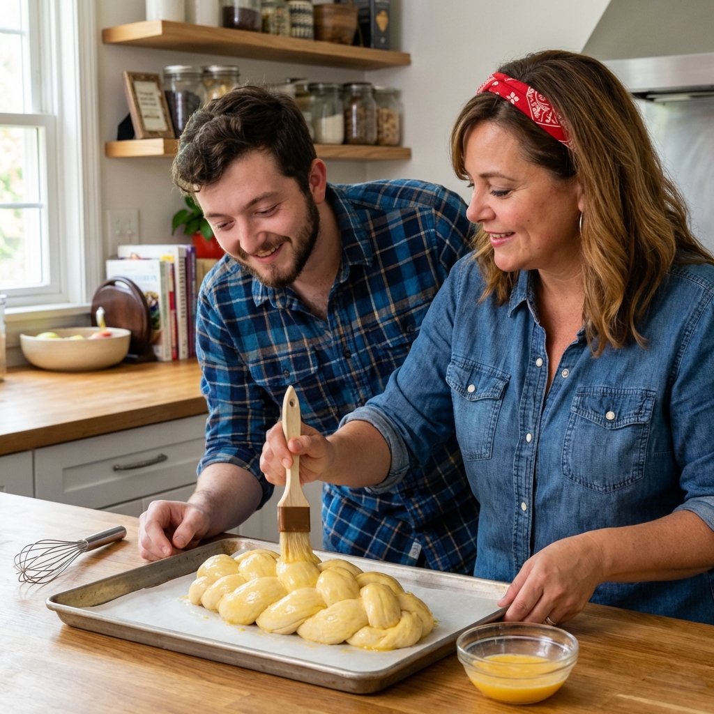 A braided challah loaf on a parchment-lined sheet pan being brushed with egg wash