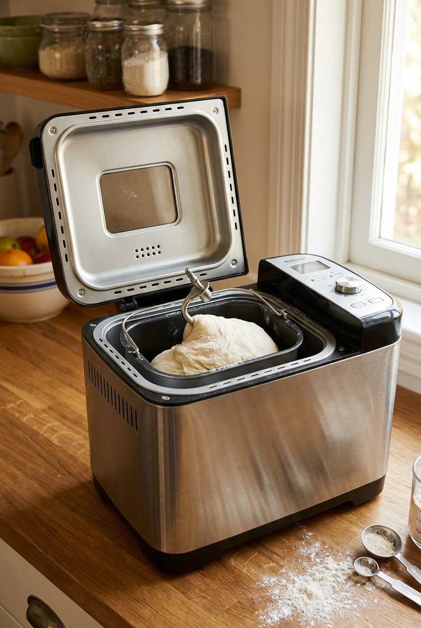 A bread machine on a kitchen counter with dough mixing inside the pan
