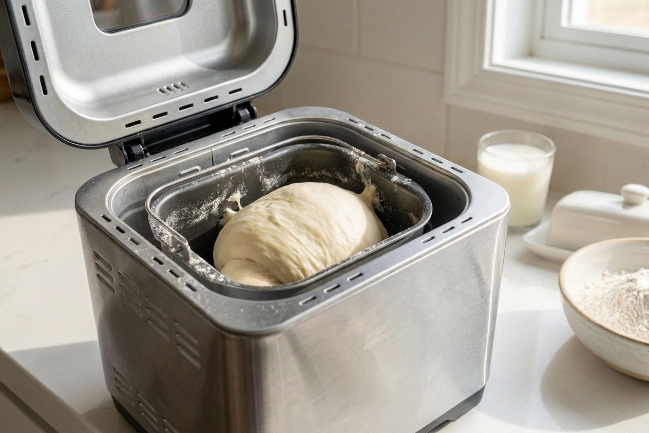A bread machine open during kneading with a smooth, slightly tacky dough ball forming in the pan