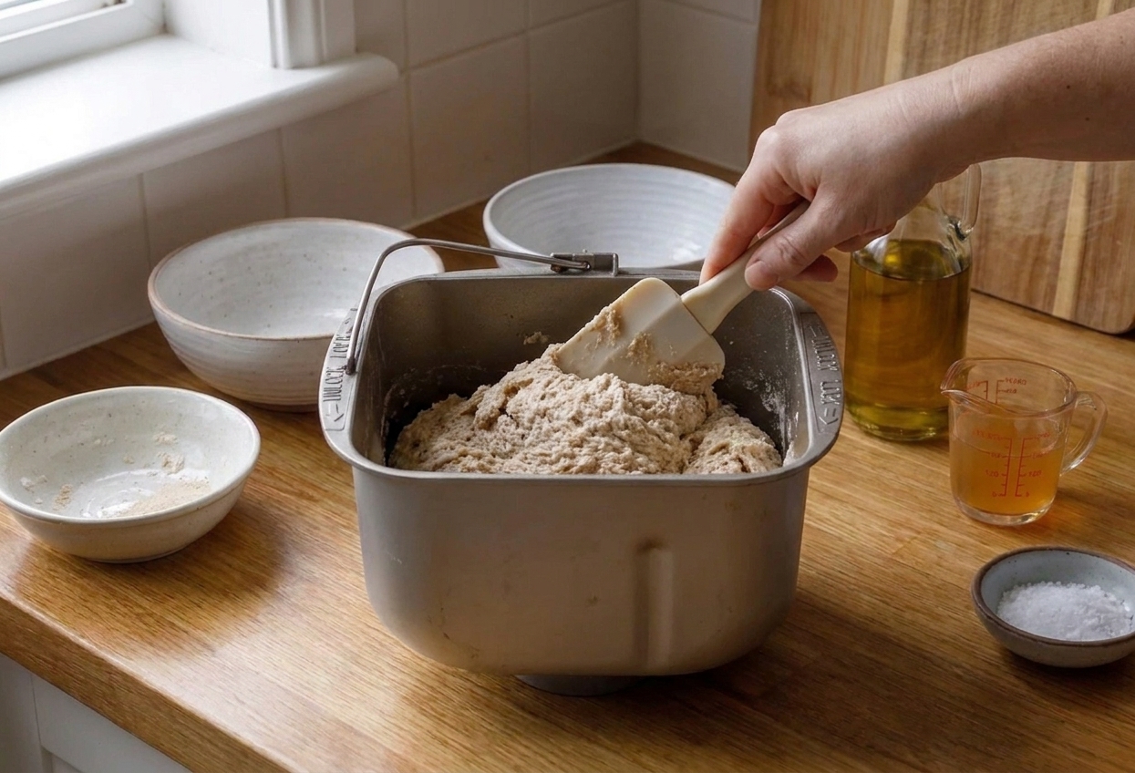 A bread machine pan mixing thick gluten free bread dough with a spatula scraping down the sides
