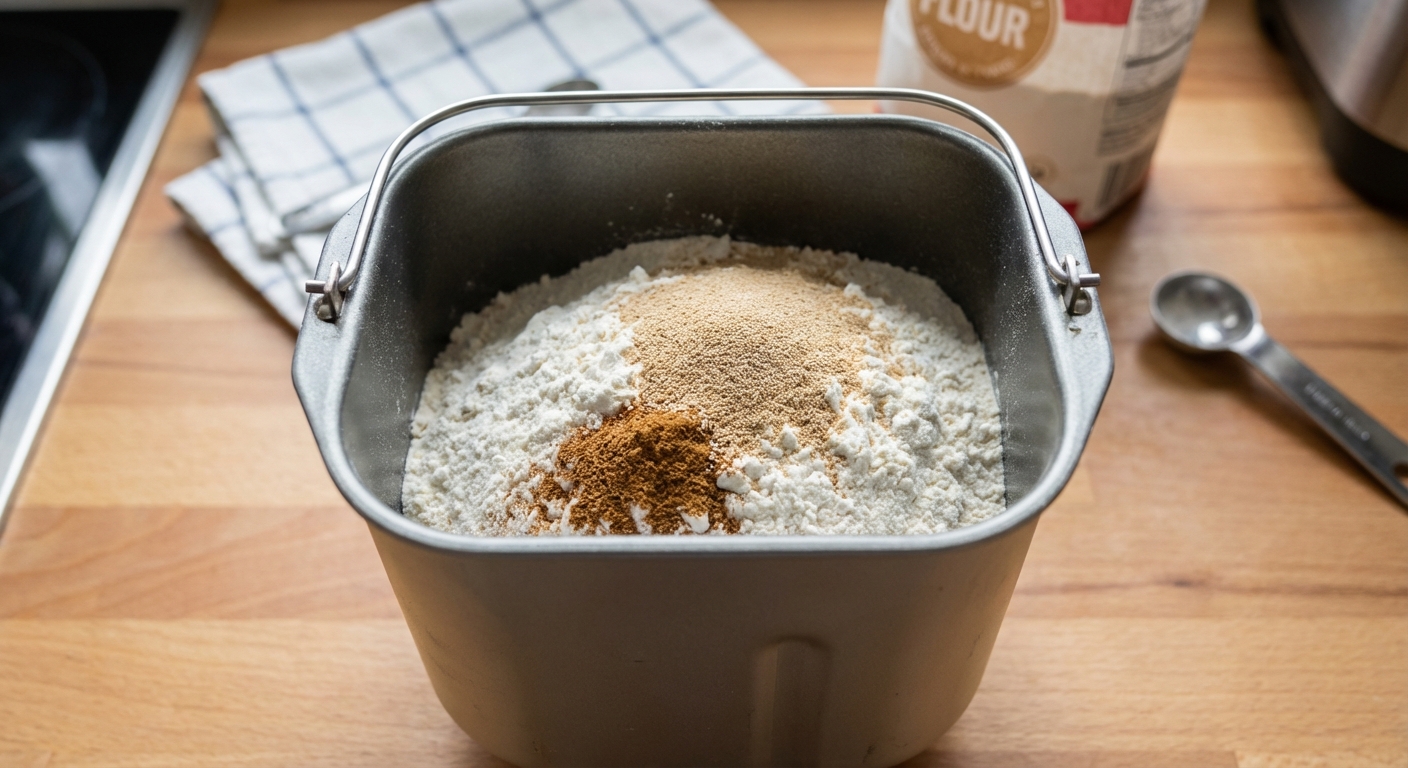 A bread machine pan on a countertop with flour, spices, and yeast layered inside before mixing