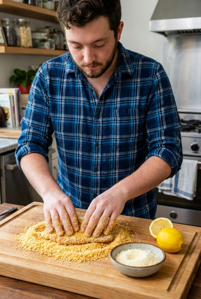 A breaded chicken cutlet being pressed into panko breadcrumbs on a wooden cutting board next to grated Parmesan and a lemon