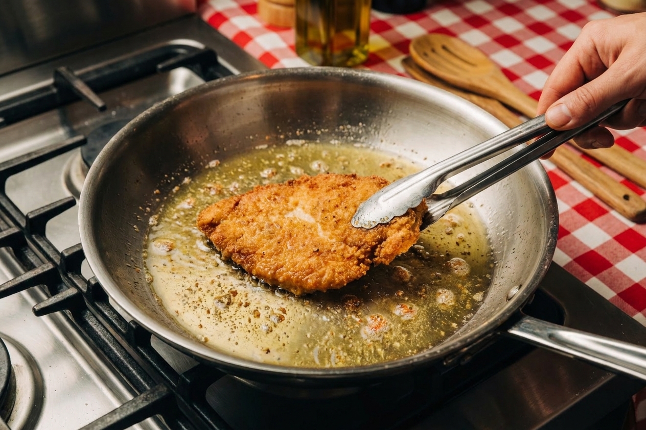 A breaded chicken cutlet frying in a shallow layer of oil in a stainless steel skillet, with tongs turning it as the crust turns golden brown