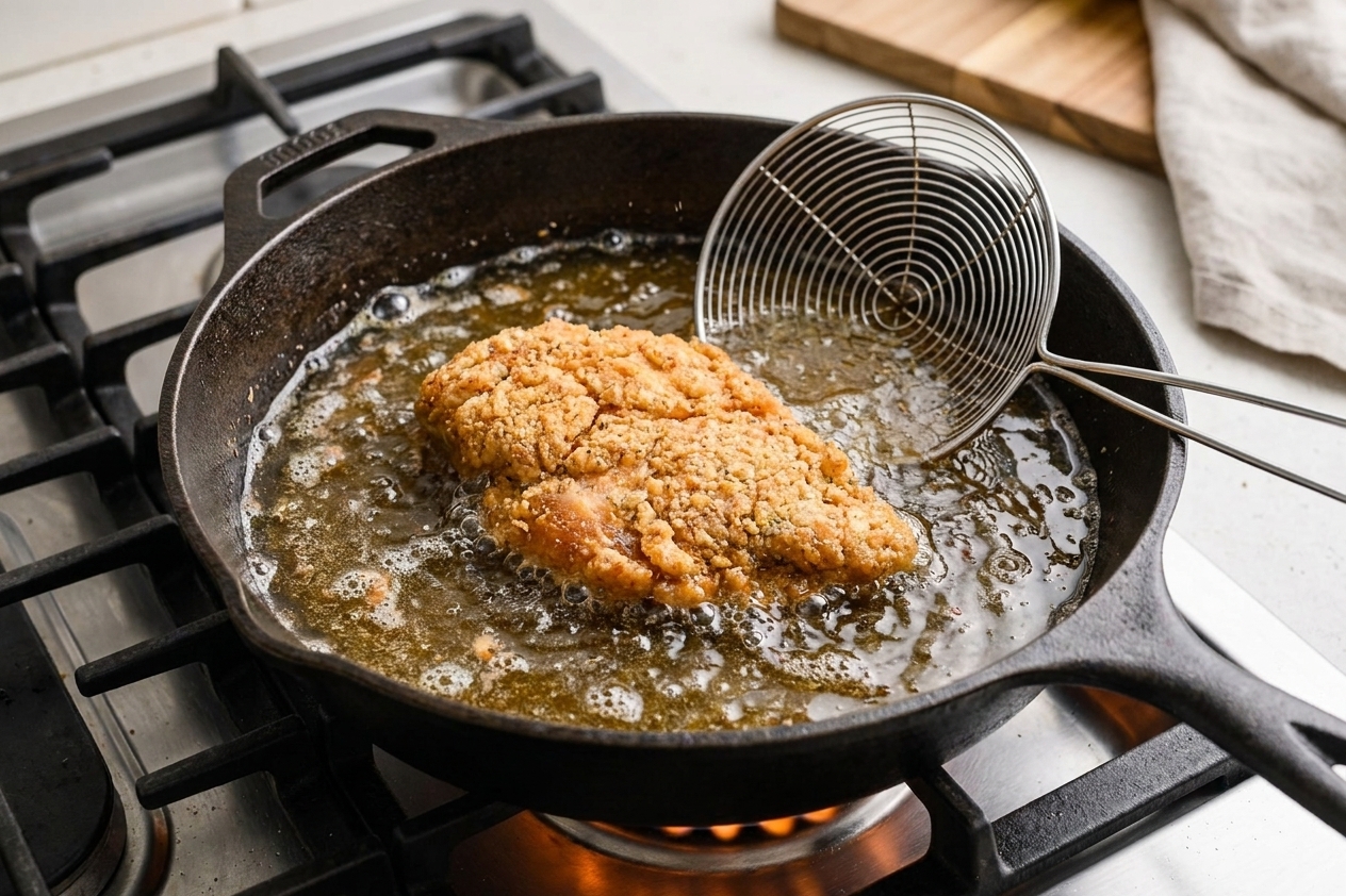 A breaded chicken cutlet frying in bubbling oil in a deep skillet on a stovetop