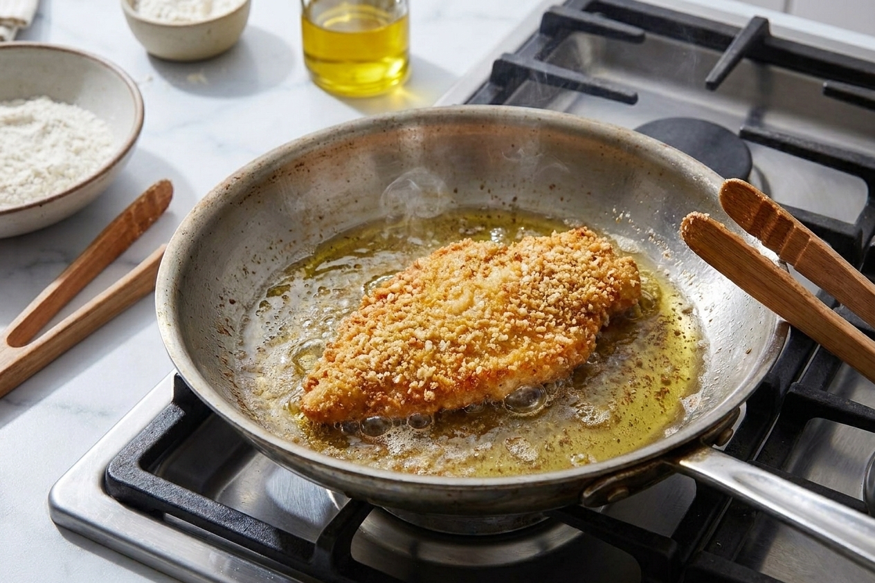 A breaded chicken cutlet sizzling in a shallow layer of oil in a stainless steel skillet on the stove