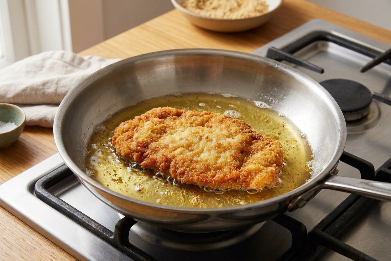 A breaded cutlet frying in a shallow pool of oil in a stainless steel skillet on a home stove, with gentle bubbling around the edges
