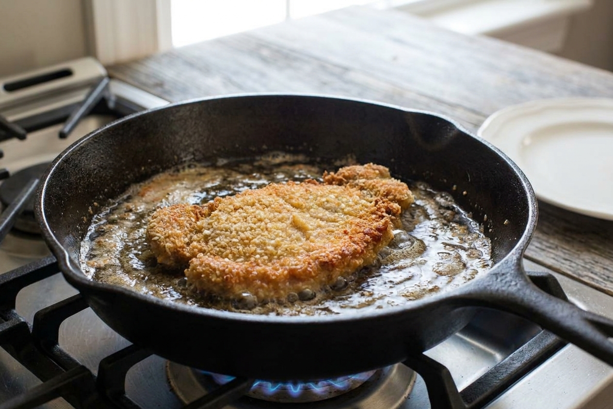 A breaded pork cutlet sizzling in hot oil in a cast iron skillet on a stovetop, with golden edges forming