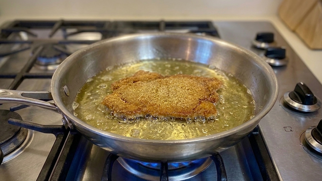 A breaded schnitzel cutlet sizzling in hot oil in a skillet, edges turning golden brown