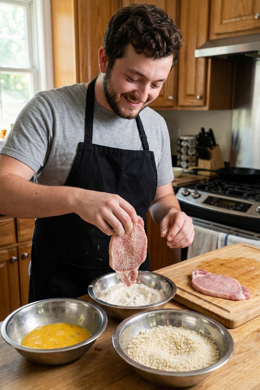 A breading station for katsu with flour, beaten egg, and panko next to a pounded pork cutlet on a cutting board, photographed on a kitchen counter