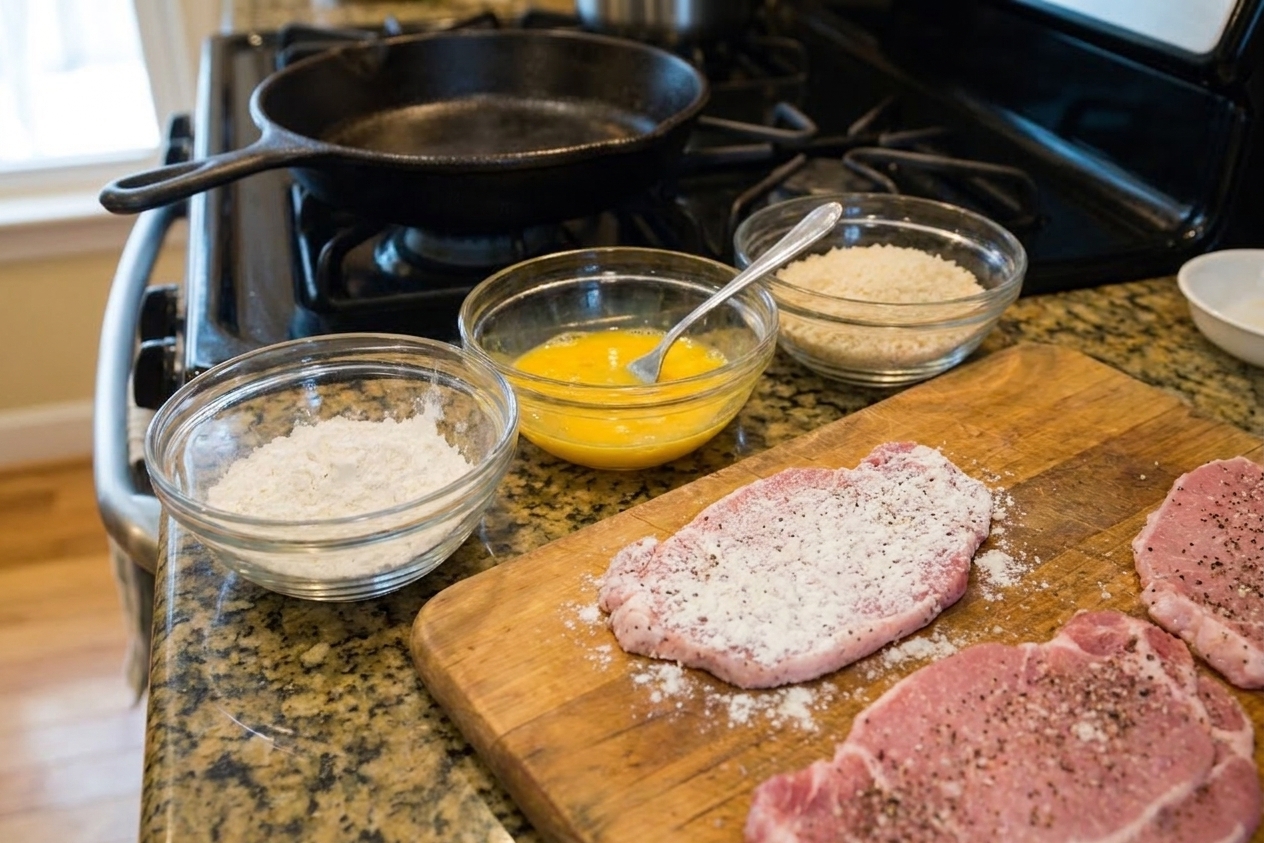 A breading station on a kitchen counter with bowls of flour, beaten eggs, and panko breadcrumbs next to pounded pork cutlets on a cutting board