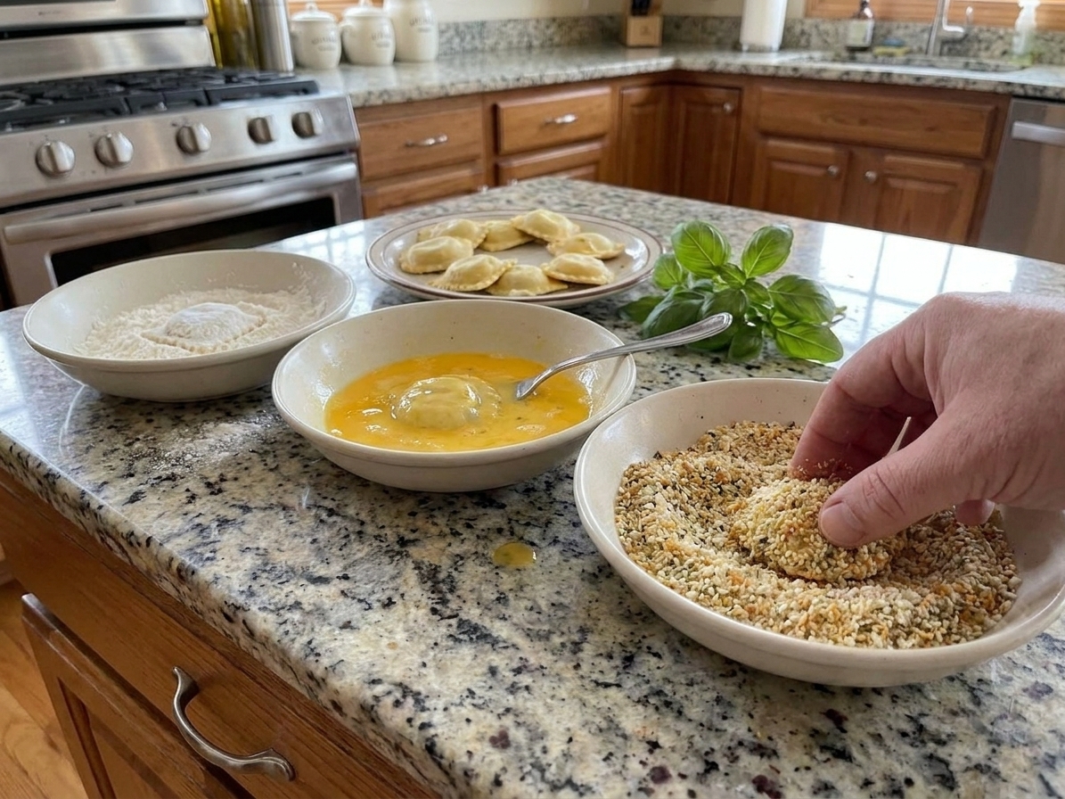A breading station on a kitchen counter with three shallow bowls holding flour, beaten eggs, and seasoned panko breadcrumbs