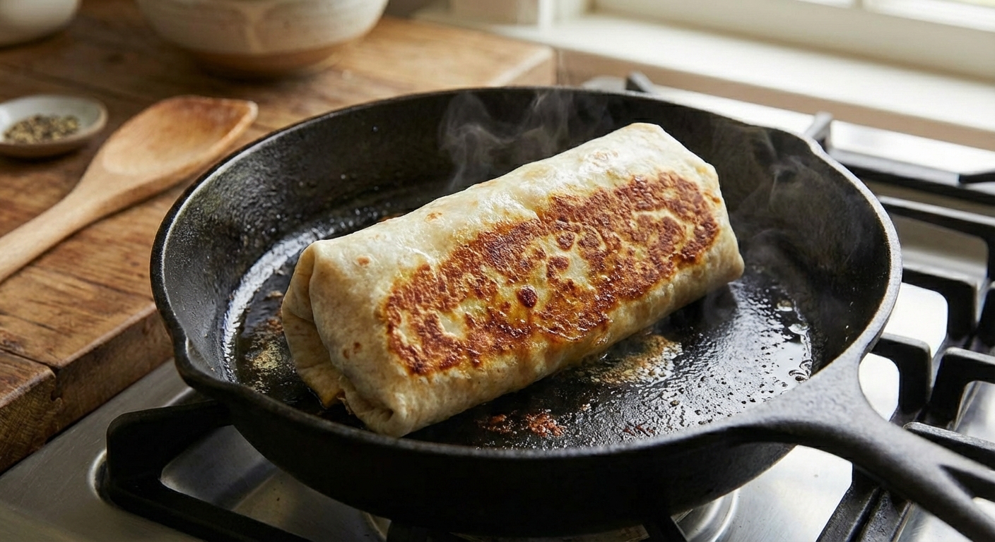 A breakfast burrito toasting seam-side down in a skillet until golden brown