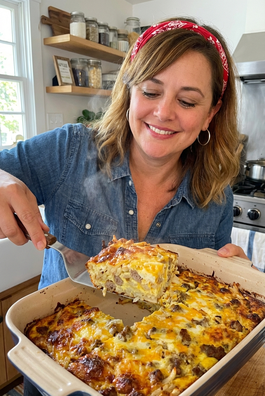 A breakfast casserole being sliced in a baking dish with a spatula lifting out a square piece showing browned edges