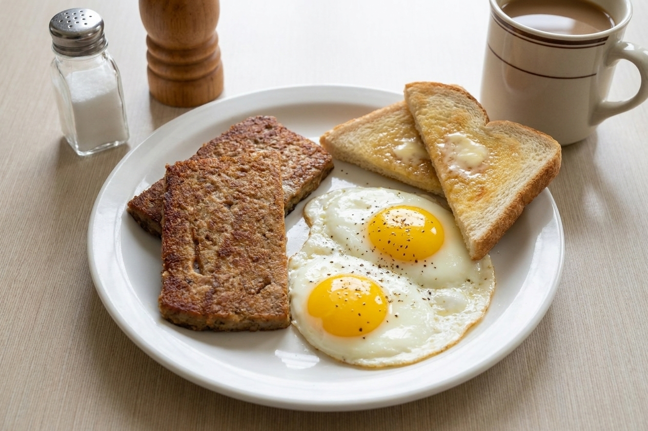 A breakfast plate with two crisp scrapple slices, sunny-side-up eggs, and buttered toast on a simple diner-style table setting