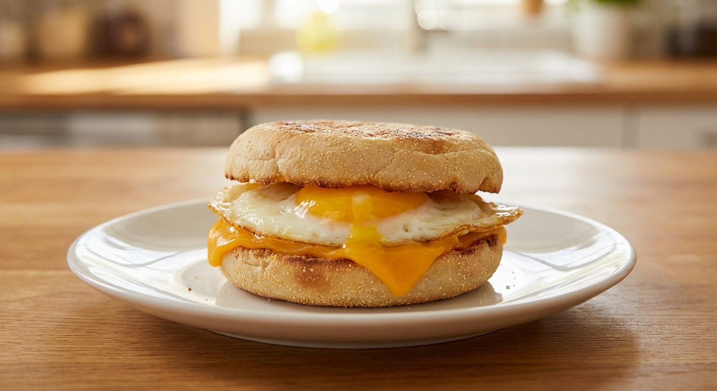A breakfast sandwich with egg and cheese on a toasted English muffin