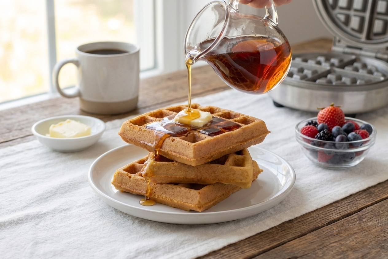 A breakfast table setting with gluten-free waffles, a small bowl of berries, butter, and a pitcher of maple syrup in warm morning light