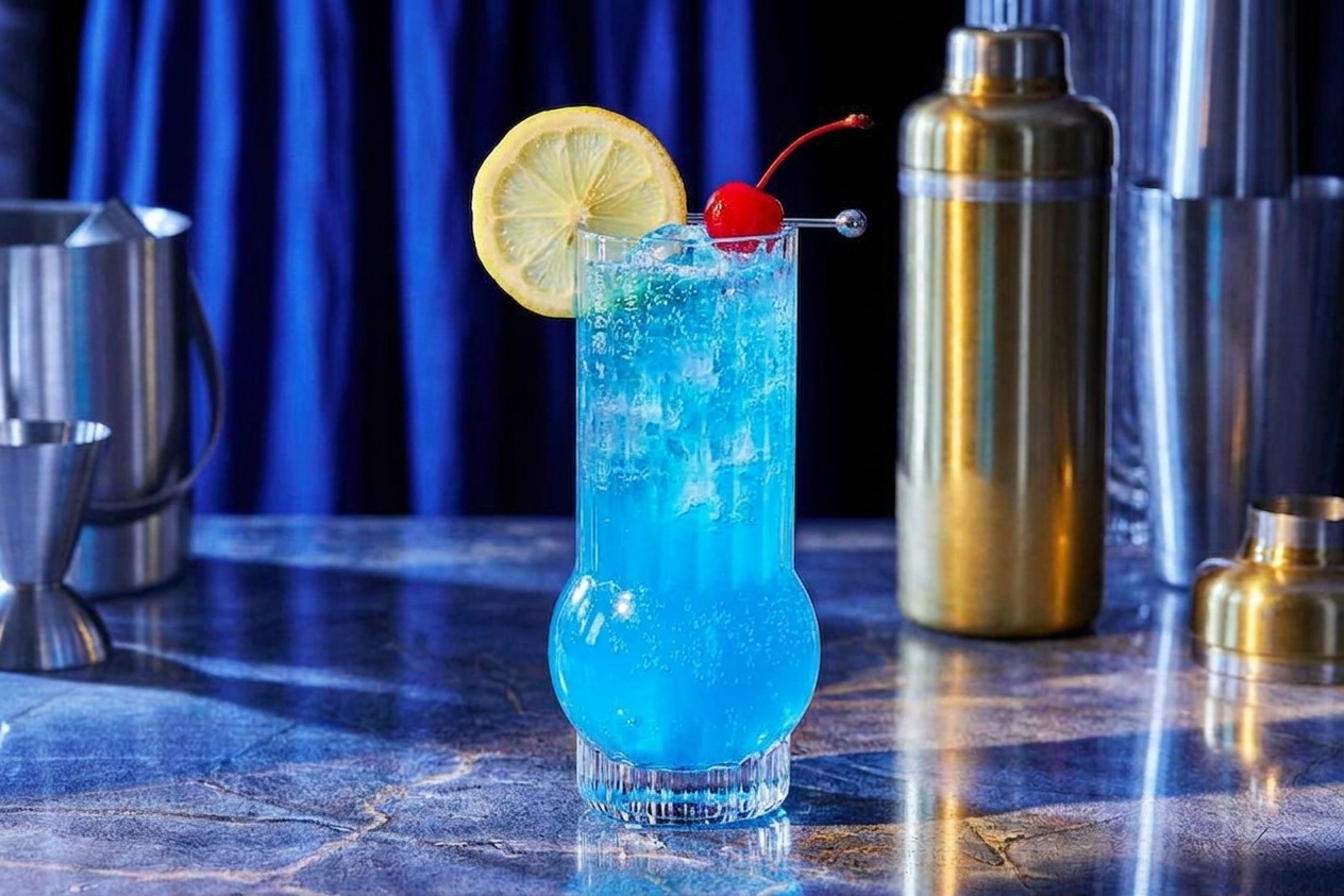 A bright blue Blue Lagoon cocktail in a tall highball glass with ice, topped with bubbles, garnished with a lemon wheel on the rim and a cherry on a pick, set on a kitchen counter