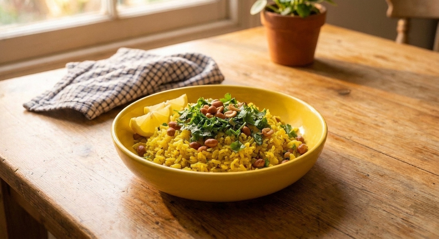 A bright bowl of classic yellow poha topped with cilantro, lemon wedges, and roasted peanuts on a warm kitchen table with soft natural light