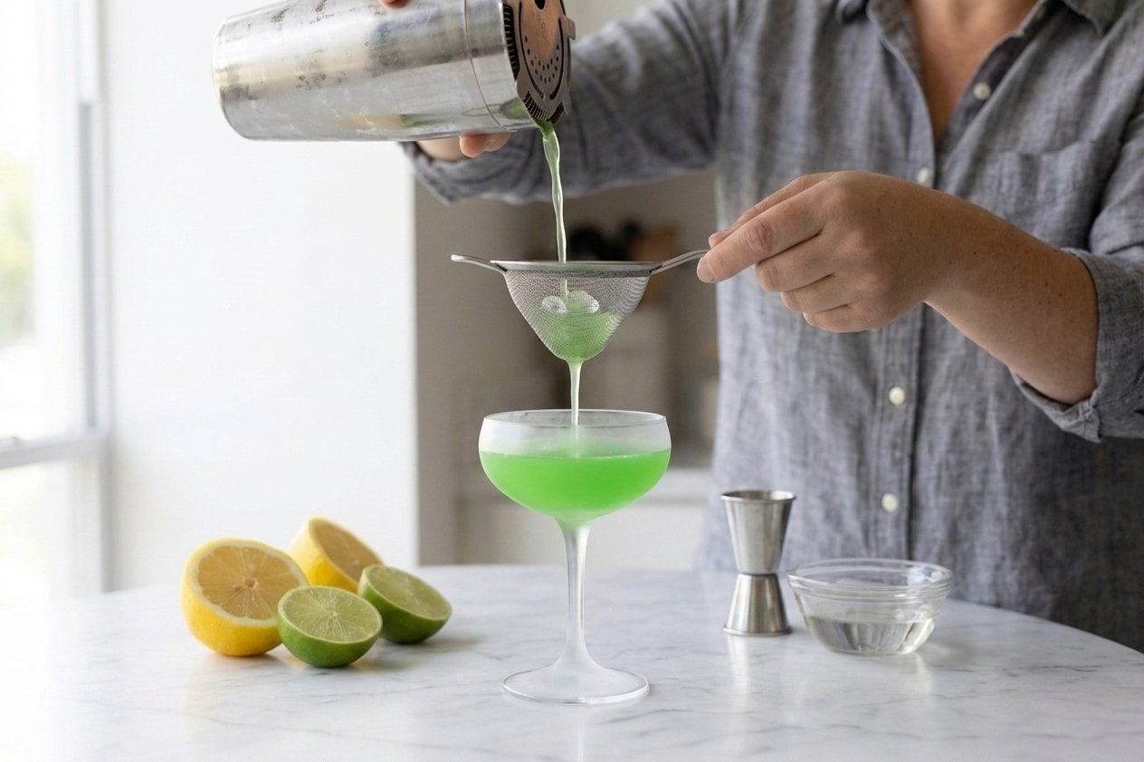 A bright green cocktail being strained through a fine-mesh strainer into a chilled coupe glass on a clean countertop