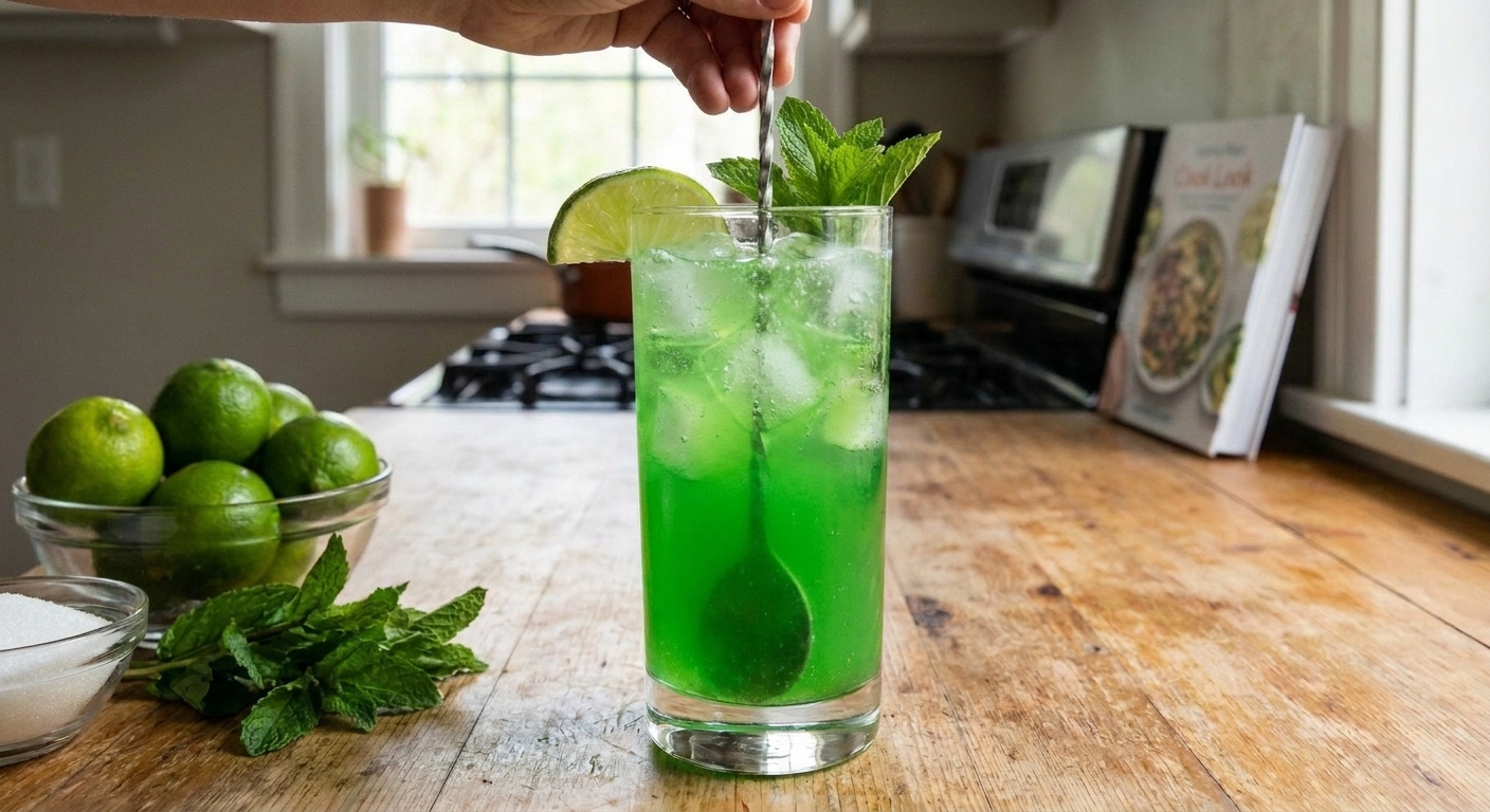 A bright green mint-lime soda being stirred in a clear glass filled with ice on a kitchen counter