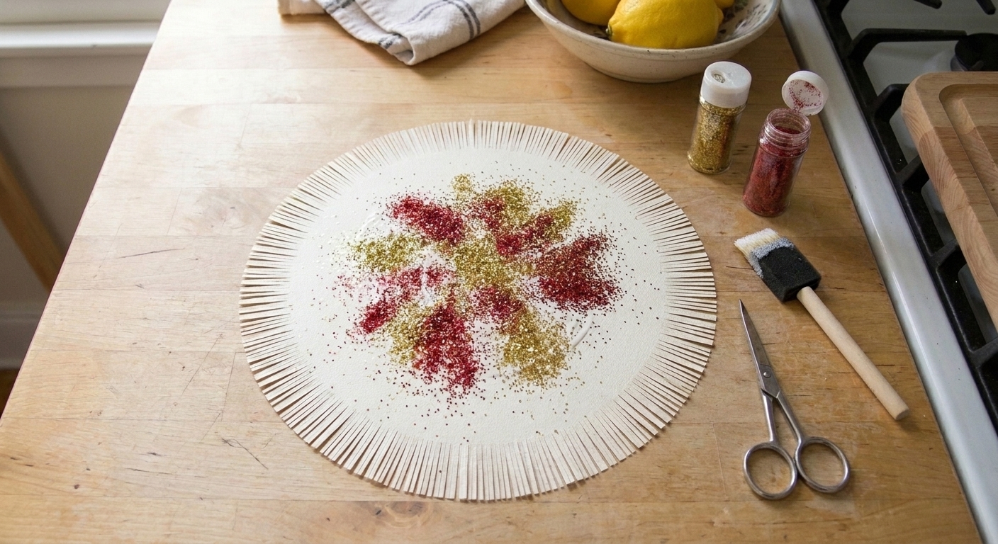 A bright handmade paper fireworks burst with fringed edges and glitter accents displayed on a light kitchen table with craft supplies nearby