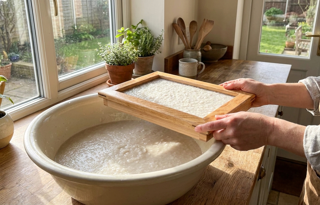A bright home craft kitchen counter with a large basin of creamy paper pulp, a wooden deckle and mold resting on the rim, and soft natural window light