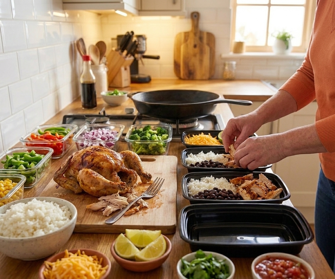 A bright home kitchen counter set up for weekly dinner prep with chopped vegetables, cooked rice, rotisserie chicken, and small containers under warm natural light