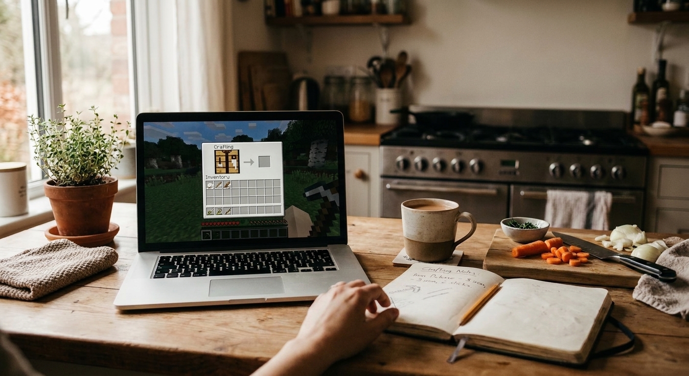 A bright kitchen table setup with a laptop running Minecraft, a small notepad, and a tidy prep station vibe